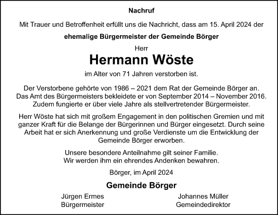 Traueranzeige von Hermann Wöste von Neue Osnabrücker Zeitung GmbH & Co. KG
