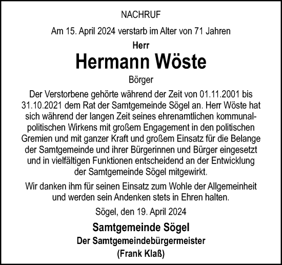 Traueranzeige von Hermann Wöste von Neue Osnabrücker Zeitung GmbH & Co. KG