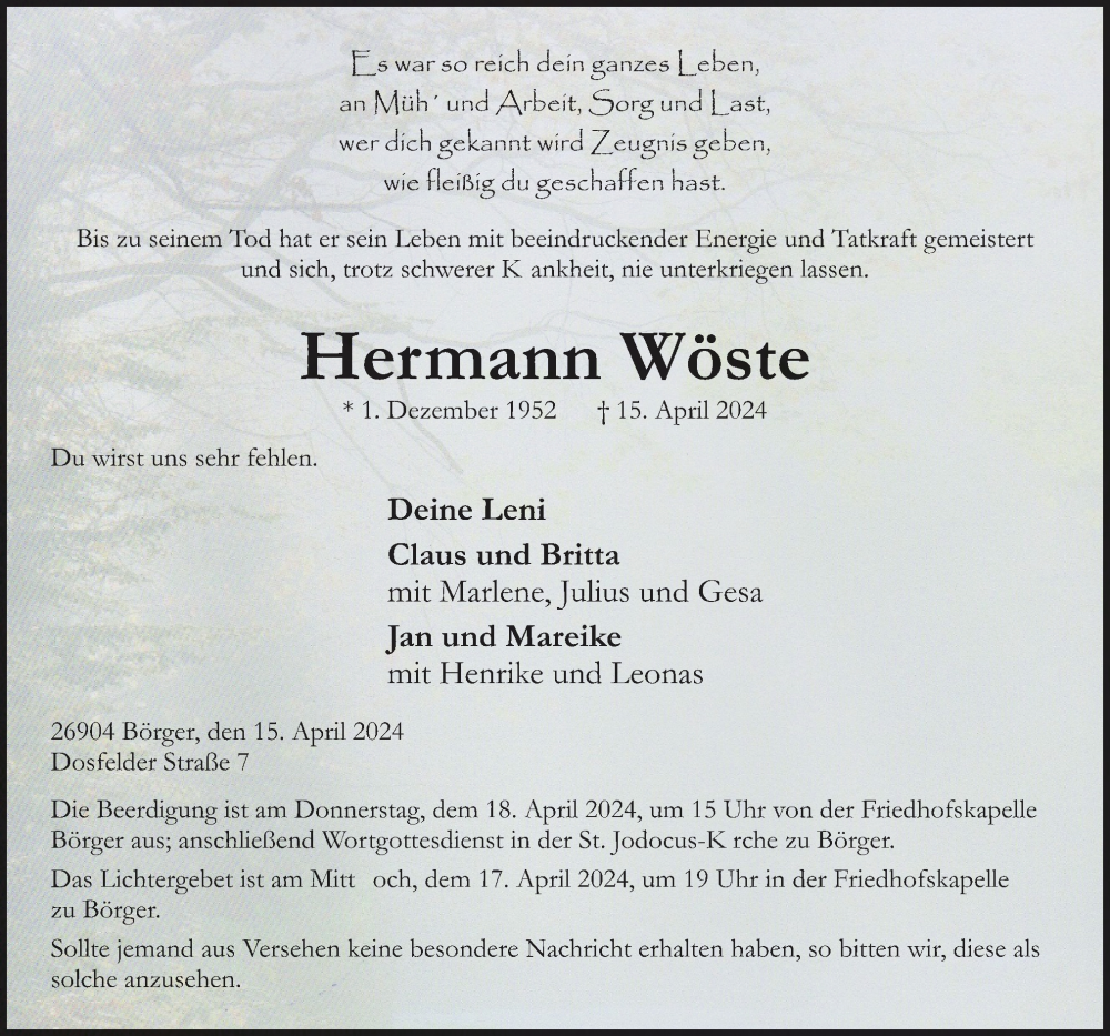  Traueranzeige für Hermann Wöste vom 17.04.2024 aus Neue Osnabrücker Zeitung GmbH & Co. KG