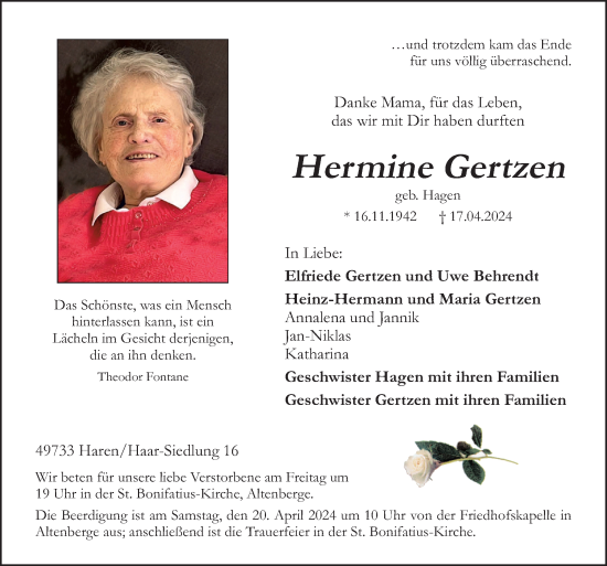 Traueranzeige von Hermine Gertzen von Neue Osnabrücker Zeitung GmbH & Co. KG