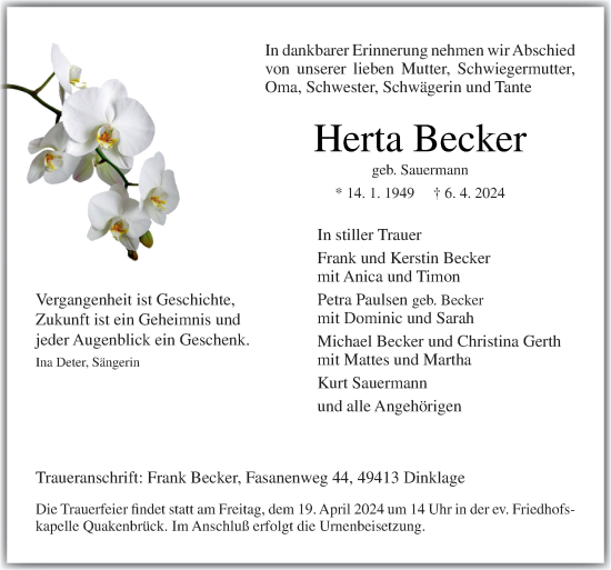 Traueranzeige von Herta Becker von Neue Osnabrücker Zeitung GmbH & Co. KG