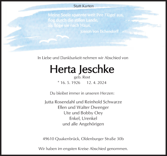 Traueranzeige von Herta Jeschke von Neue Osnabrücker Zeitung GmbH & Co. KG
