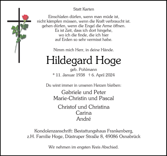 Traueranzeige von Hildegard Hoge von Neue Osnabrücker Zeitung GmbH & Co. KG