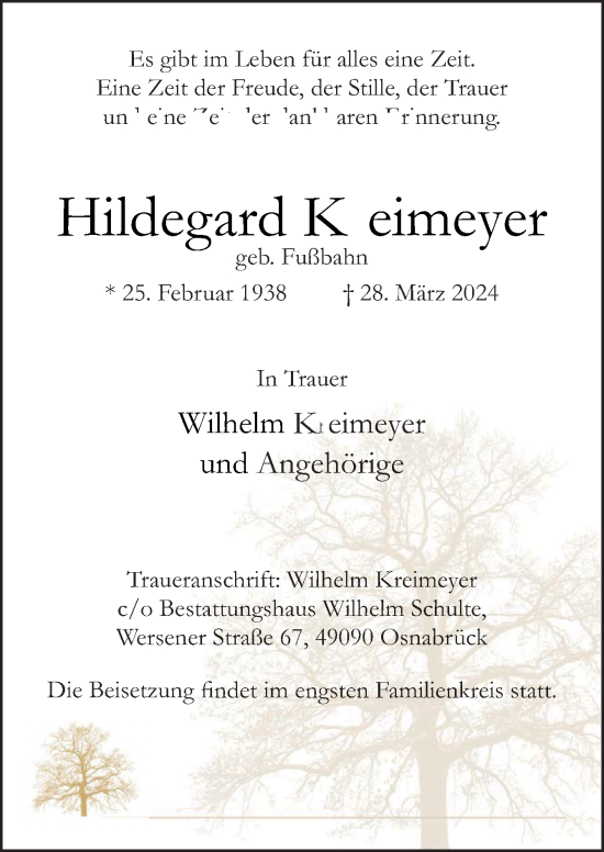 Traueranzeige von Hildegard Kreimeyer von Neue Osnabrücker Zeitung GmbH & Co. KG