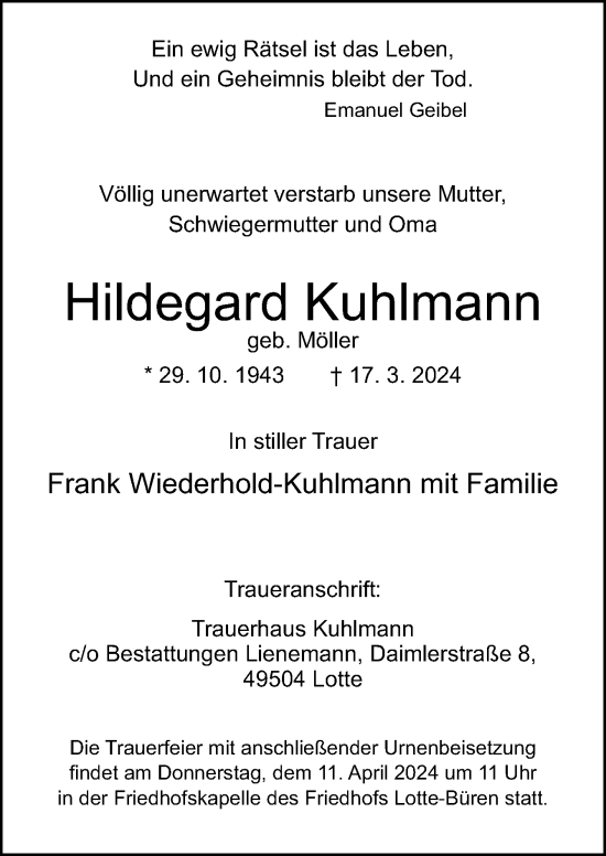 Traueranzeige von Hildegard Kuhlmann von Neue Osnabrücker Zeitung GmbH & Co. KG