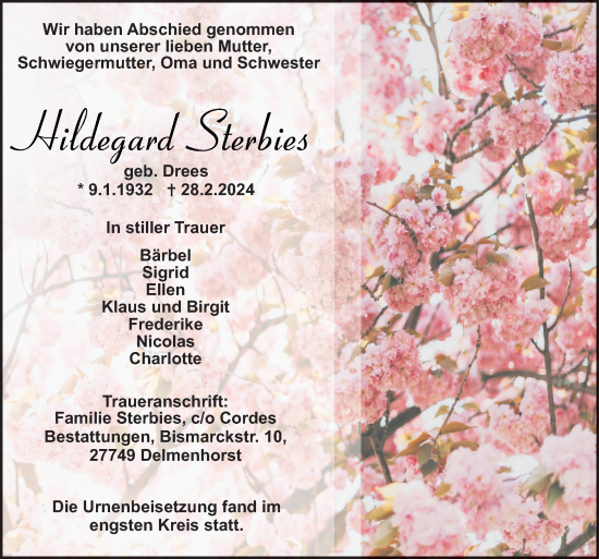 Traueranzeige von Hildegard Sterbies von DK Medien GmbH & Co. KG
