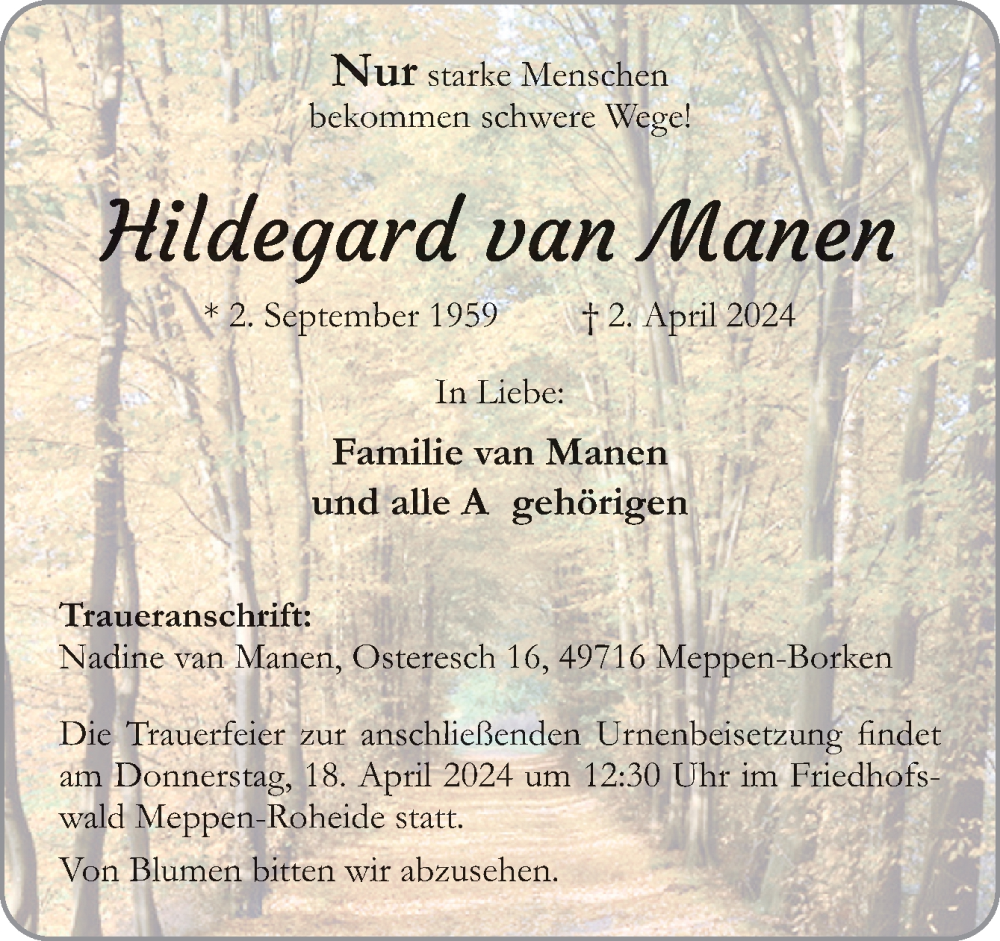  Traueranzeige für Hildegard van Manen vom 06.04.2024 aus Neue Osnabrücker Zeitung GmbH & Co. KG
