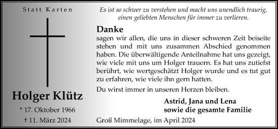 Traueranzeige von Holger Klütz von Neue Osnabrücker Zeitung GmbH & Co. KG