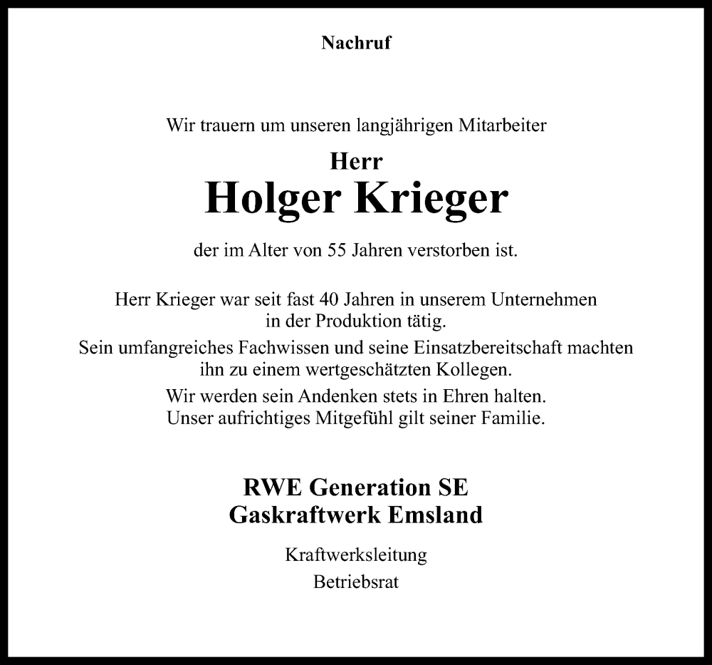  Traueranzeige für Holger Krieger vom 16.04.2024 aus Neue Osnabrücker Zeitung GmbH & Co. KG
