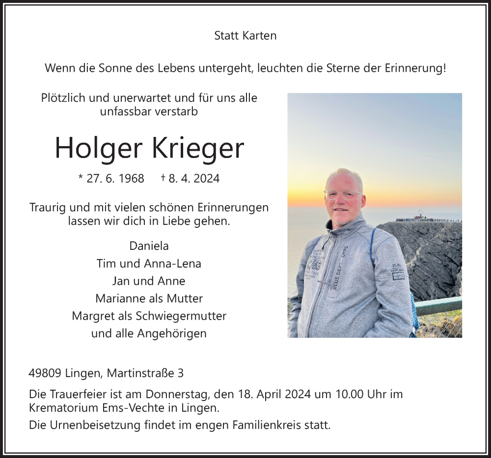  Traueranzeige für Holger Krieger vom 13.04.2024 aus Neue Osnabrücker Zeitung GmbH & Co. KG