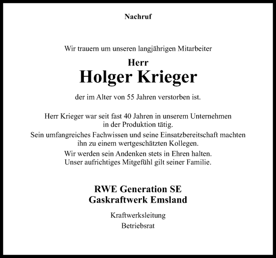 Traueranzeige von Holger Krieger von Neue Osnabrücker Zeitung GmbH & Co. KG