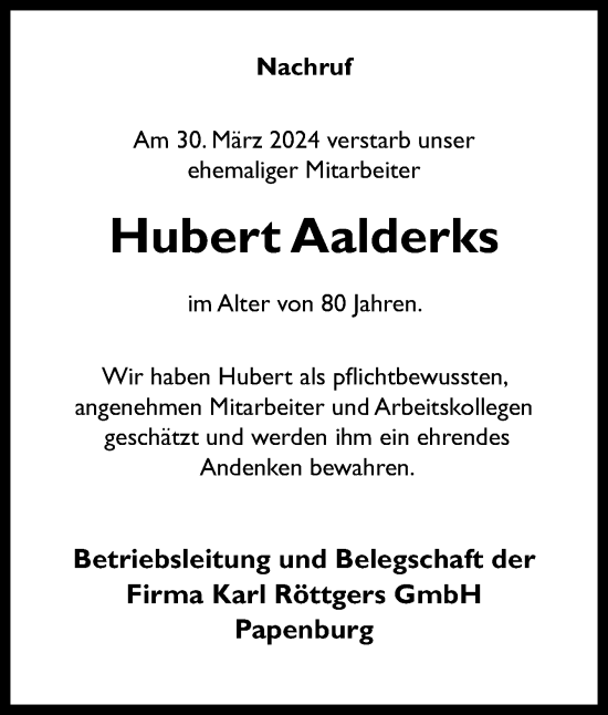 Traueranzeige von Hubert Aalderks von Neue Osnabrücker Zeitung GmbH & Co. KG