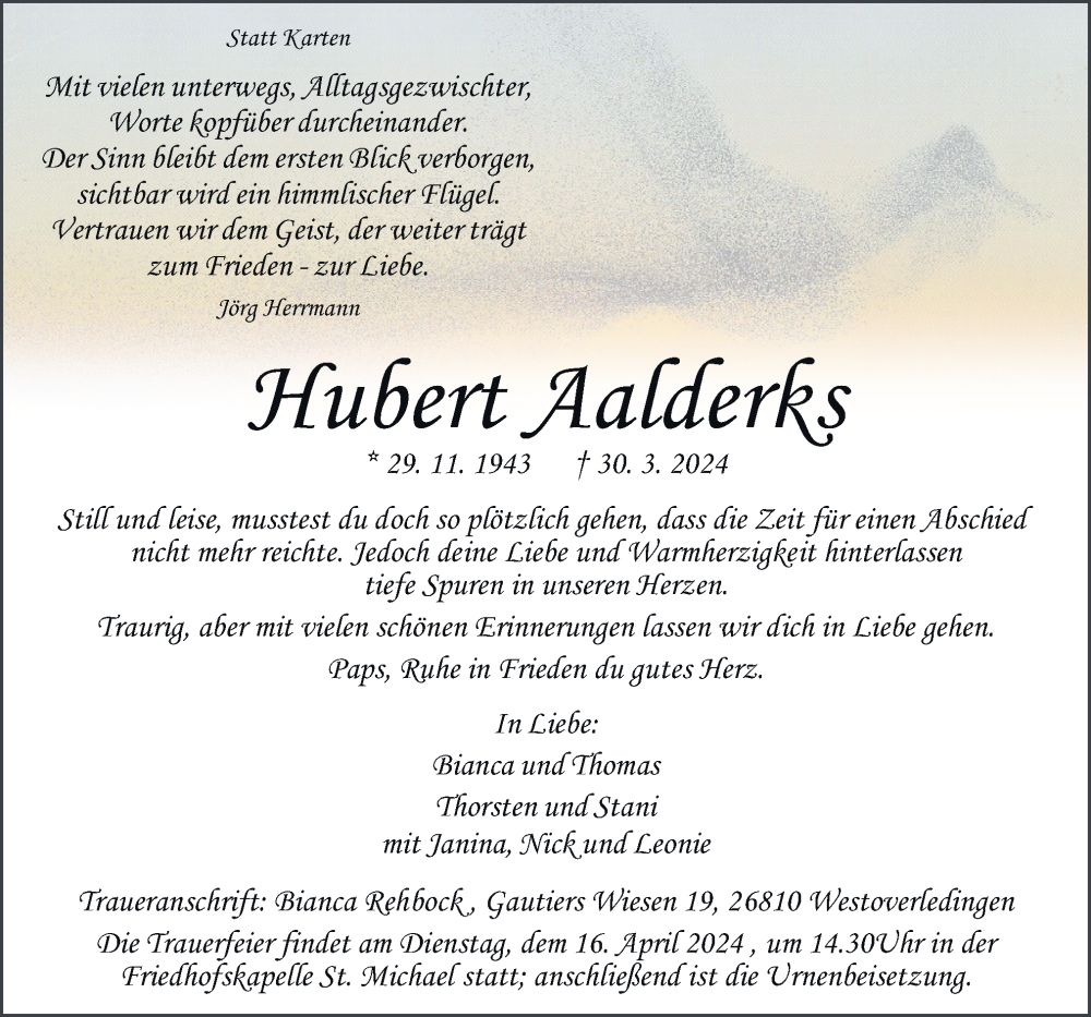  Traueranzeige für Hubert Aalderks vom 06.04.2024 aus Neue Osnabrücker Zeitung GmbH & Co. KG