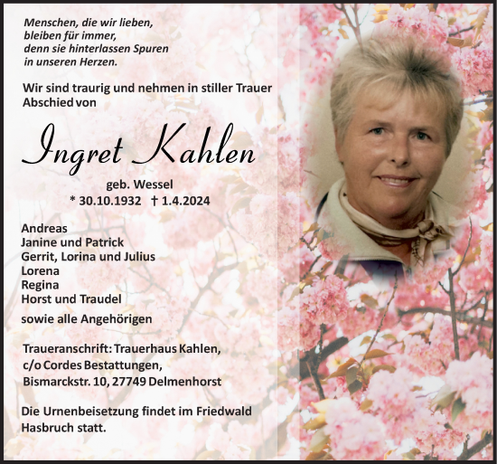 Traueranzeige von Ingret Kahlen von DK Medien GmbH & Co. KG