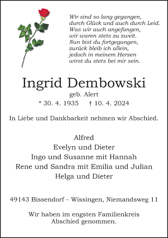 Traueranzeige von Ingrid Dembowski von Neue Osnabrücker Zeitung GmbH & Co. KG