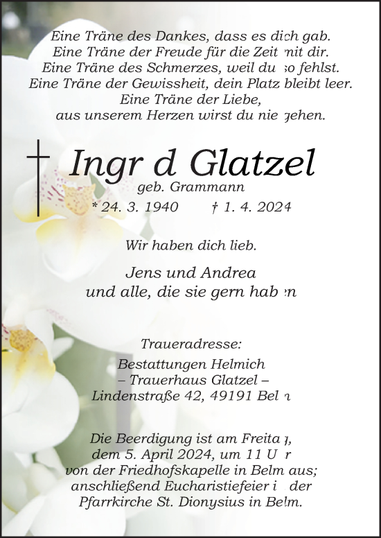 Traueranzeige von Ingrid Glatzel von Neue Osnabrücker Zeitung GmbH & Co. KG
