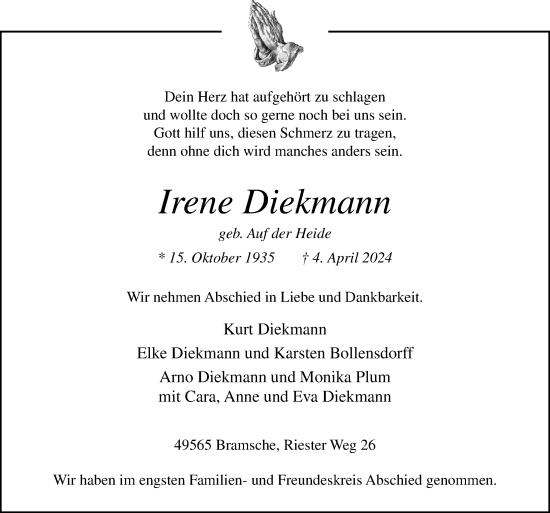 Traueranzeige von Irene Diekmann von Neue Osnabrücker Zeitung GmbH & Co. KG