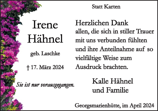 Traueranzeige von Irene Hähnel von Neue Osnabrücker Zeitung GmbH & Co. KG