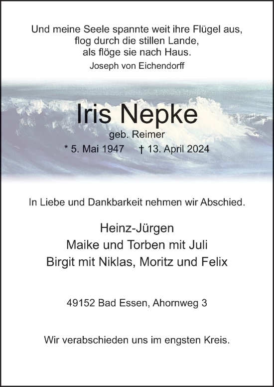 Traueranzeige von Iris Nepke von Neue Osnabrücker Zeitung GmbH & Co. KG