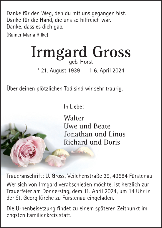 Traueranzeige von Irmgard Gross von Neue Osnabrücker Zeitung GmbH & Co. KG