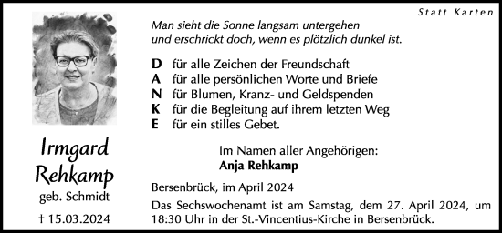 Traueranzeige von Irmgard Rehkamp von Neue Osnabrücker Zeitung GmbH & Co. KG