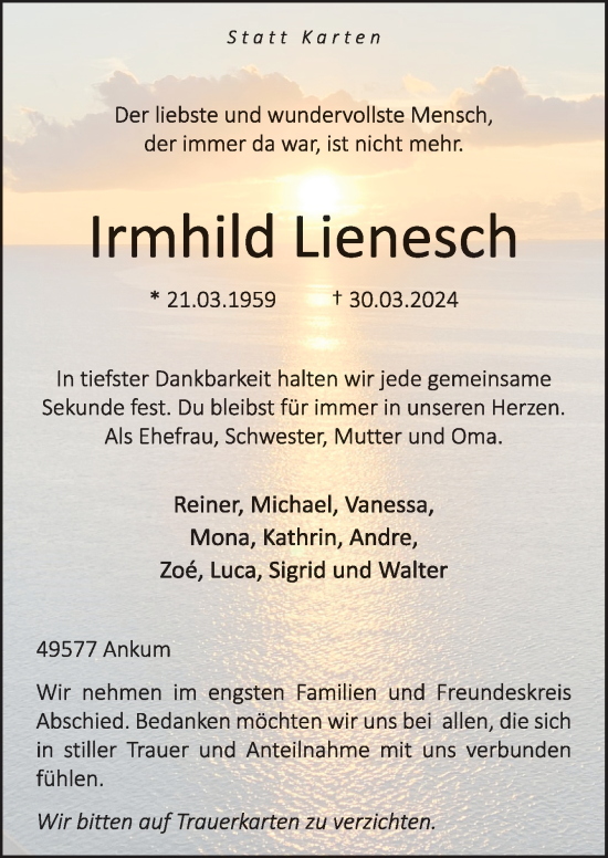 Traueranzeige von Irmhild Lienesch von Neue Osnabrücker Zeitung GmbH & Co. KG