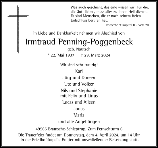 Traueranzeige von Irmtraud Penning-Poggenbeck von Neue Osnabrücker Zeitung GmbH & Co. KG