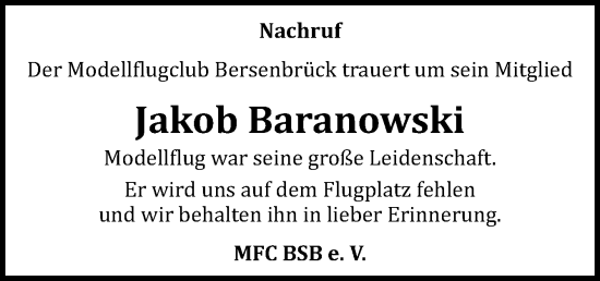 Traueranzeige von Jakob Baranowski von Neue Osnabrücker Zeitung GmbH & Co. KG