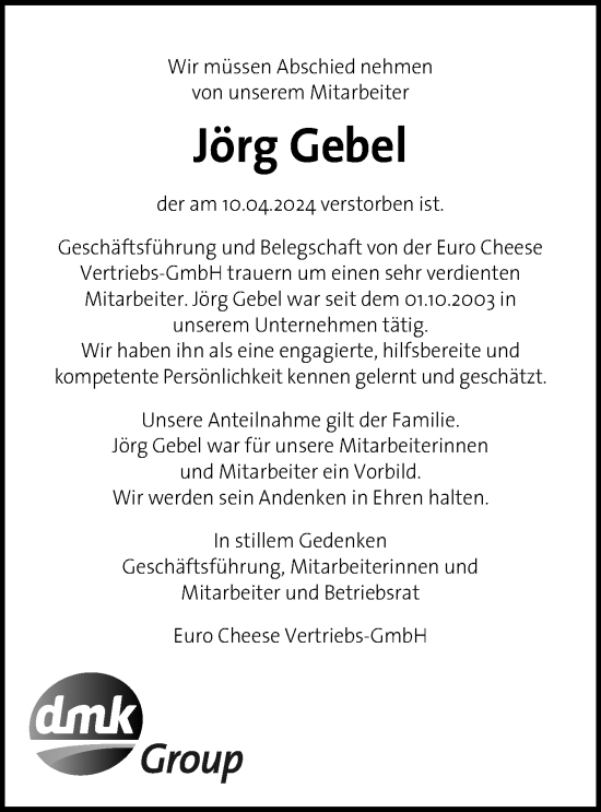 Traueranzeige von Jörg Gebel von Neue Osnabrücker Zeitung GmbH & Co. KG