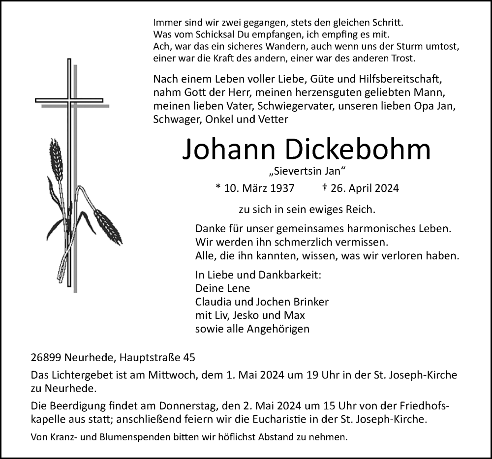  Traueranzeige für Johann Dickebohm vom 29.04.2024 aus Neue Osnabrücker Zeitung GmbH & Co. KG