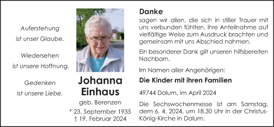 Traueranzeige von Johanna Einhaus von Neue Osnabrücker Zeitung GmbH & Co. KG