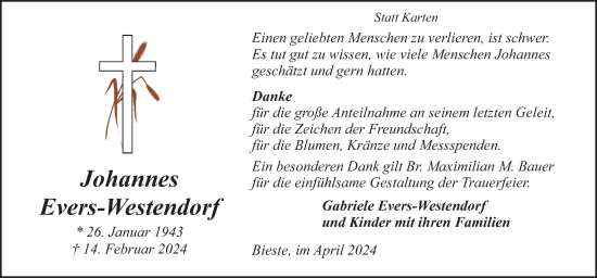 Traueranzeige von Johannes Evers-Westendorf von Neue Osnabrücker Zeitung GmbH & Co. KG