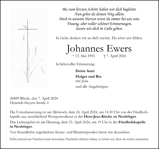 Traueranzeige von Johannes Ewers von Neue Osnabrücker Zeitung GmbH & Co. KG