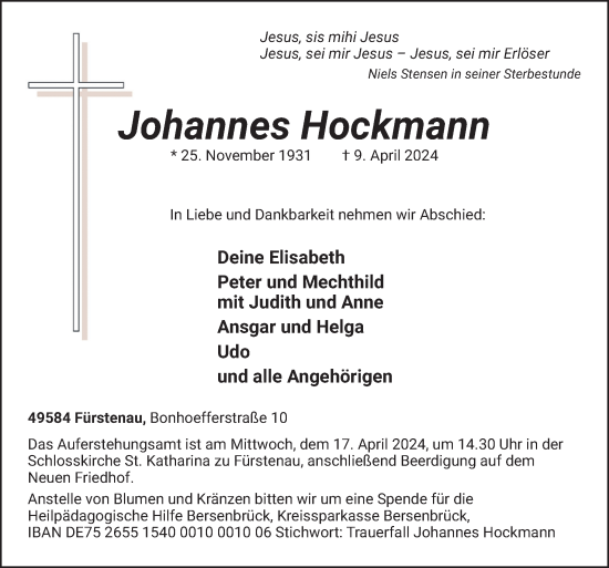 Traueranzeige von Johannes Hockmann von Neue Osnabrücker Zeitung GmbH & Co. KG