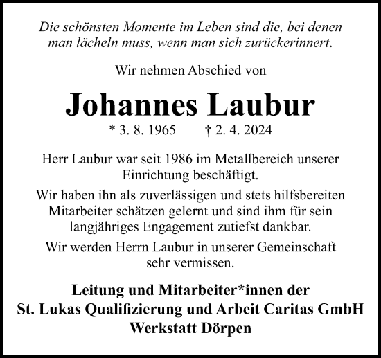 Traueranzeige von Johannes Laubur von Neue Osnabrücker Zeitung GmbH & Co. KG