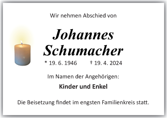 Traueranzeige von Johannes Schumacher von Neue Osnabrücker Zeitung GmbH & Co. KG