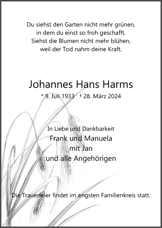 Traueranzeige von Johannes Hans Harms von Neue Osnabrücker Zeitung GmbH & Co. KG