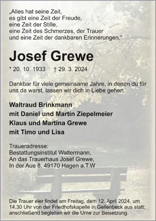 Traueranzeige von Josef Grewe von Neue Osnabrücker Zeitung GmbH & Co. KG