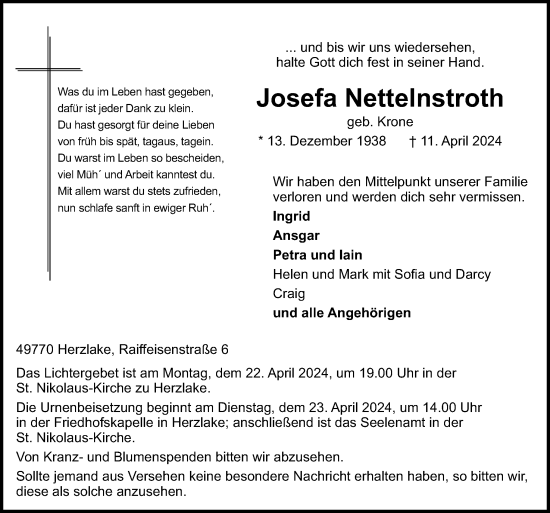 Traueranzeige von Josefa Nettelnstroth von Neue Osnabrücker Zeitung GmbH & Co. KG