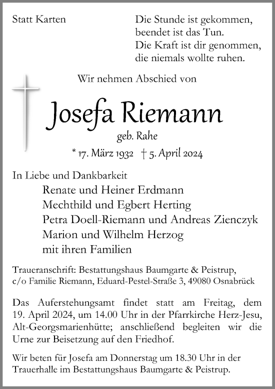 Traueranzeige von Josefa Riemann von Neue Osnabrücker Zeitung GmbH & Co. KG