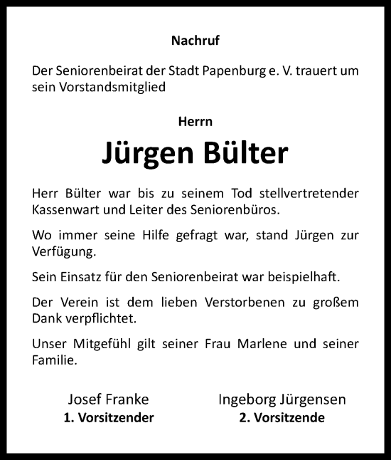 Traueranzeige von Jürgen Bülter von Neue Osnabrücker Zeitung GmbH & Co. KG