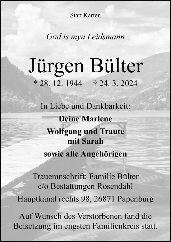 Traueranzeige von Jürgen Bülter von Neue Osnabrücker Zeitung GmbH & Co. KG