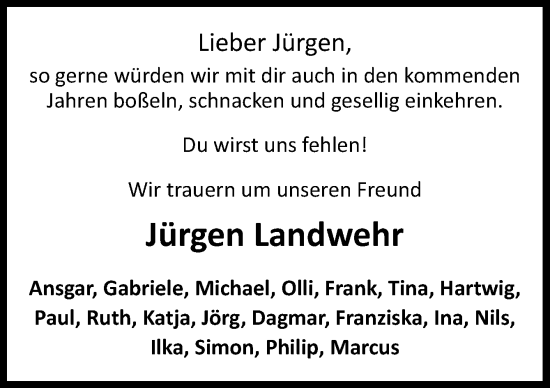 Traueranzeige von Jürgen Landwehr von Neue Osnabrücker Zeitung GmbH & Co. KG