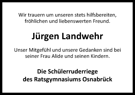 Traueranzeige von Jürgen Landwehr von Neue Osnabrücker Zeitung GmbH & Co. KG