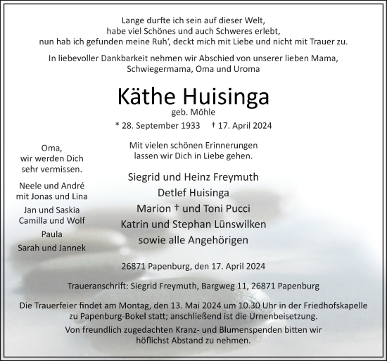 Traueranzeige von Käthe Huisinga von Neue Osnabrücker Zeitung GmbH & Co. KG