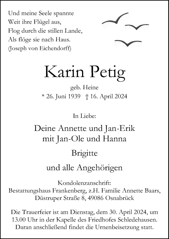 Traueranzeige von Karin Petig von Neue Osnabrücker Zeitung GmbH & Co. KG