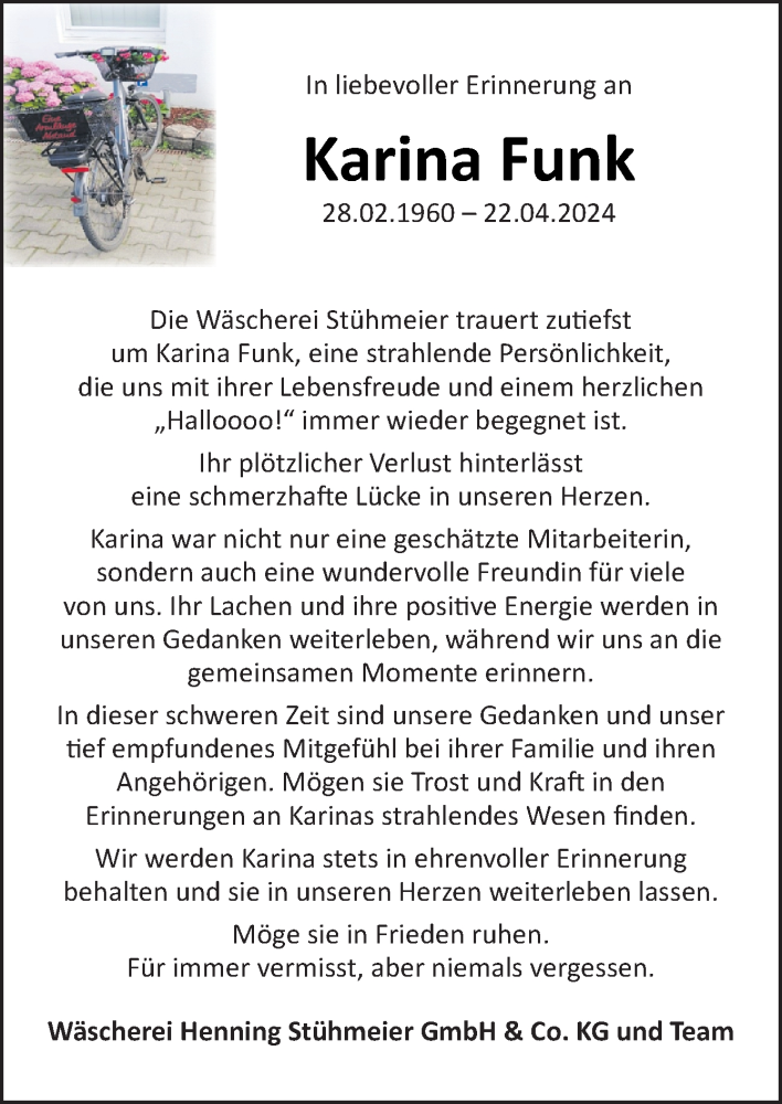  Traueranzeige für Karina Funk vom 27.04.2024 aus Neue Osnabrücker Zeitung GmbH & Co. KG