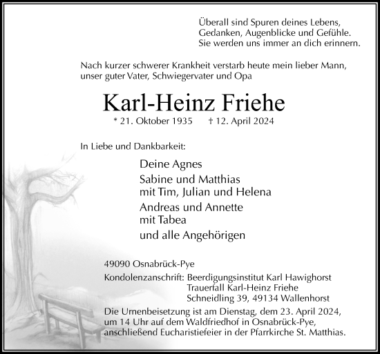 Traueranzeige von Karl-Heinz Friehe von Neue Osnabrücker Zeitung GmbH & Co. KG