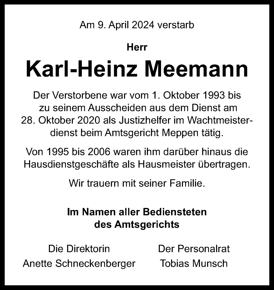  Traueranzeige für Karl-Heinz Meemann vom 20.04.2024 aus Neue Osnabrücker Zeitung GmbH & Co. KG