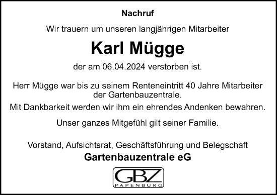 Traueranzeige von Karl Mügge von Neue Osnabrücker Zeitung GmbH & Co. KG